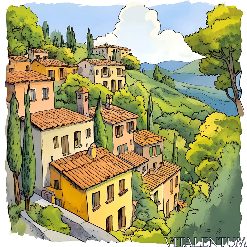 Sunlit Medieval Countryside with Terracotta-Roofed Houses AI Image