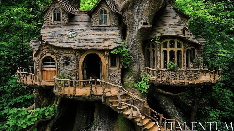 Rustic Treehouse in Enchanting Forest AI Image