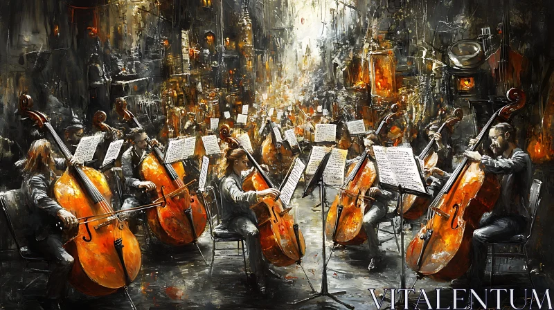 Dramatic Cello Orchestra Scene AI Image