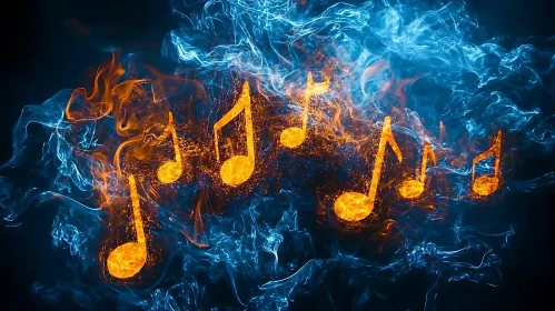 Fiery Music Notes in Blue Smoke Abstract Art