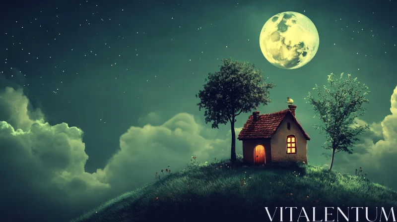 AI ART Moonlit Cottage in Mystical Night