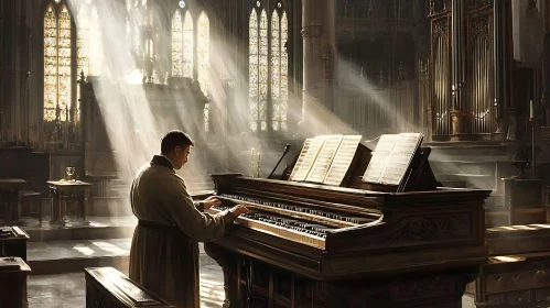 Church Interior with Man Playing Organ