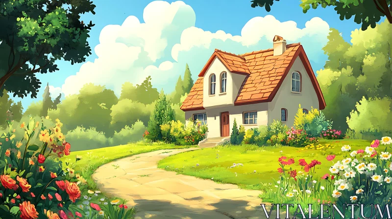 Sunny Cottage Amidst Blooming Garden AI Image