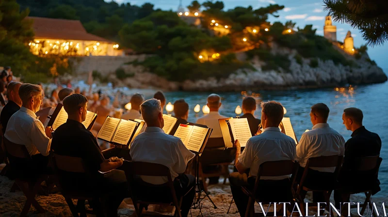 Musicians Performing by the Sea at Night AI Image