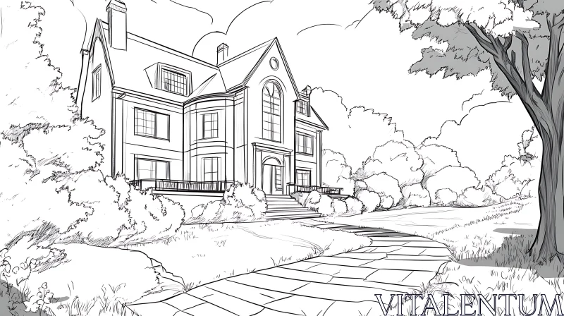 Mansion Architecture Sketch with Garden and Pathway AI Image