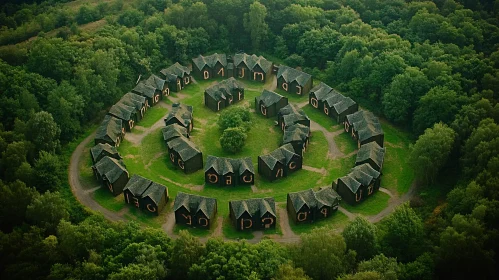 Unique Circular Village with Wooden Houses in Forest