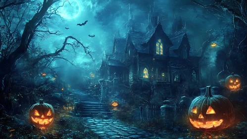 Eerie Haunted House Under Moonlight with Jack-o'-Lanterns