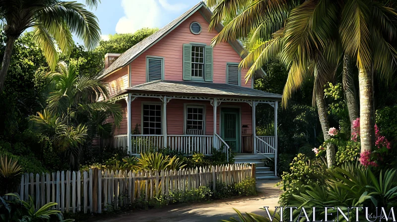 AI ART Serene Tropical Pink House with Cozy Porch