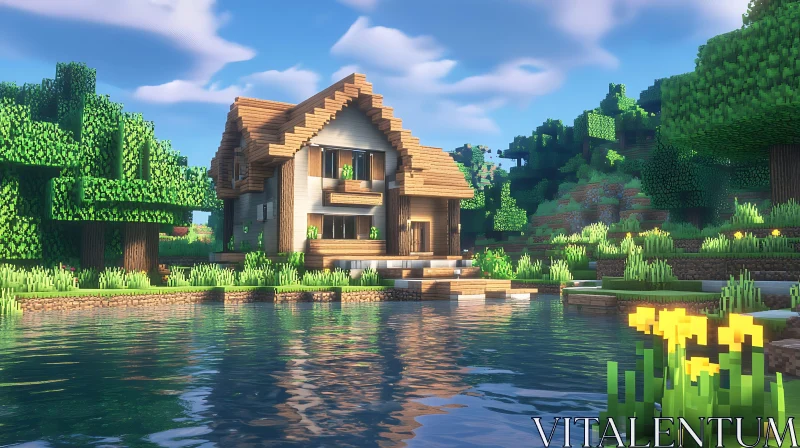 AI ART Peaceful Minecraft Lake House Surrounded by Nature