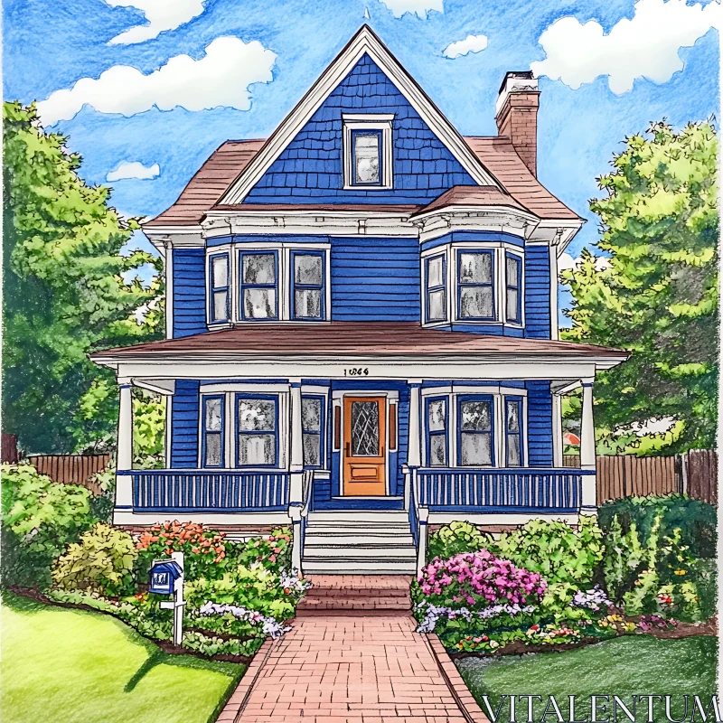 Illustrated Victorian-Style House with Garden AI Image