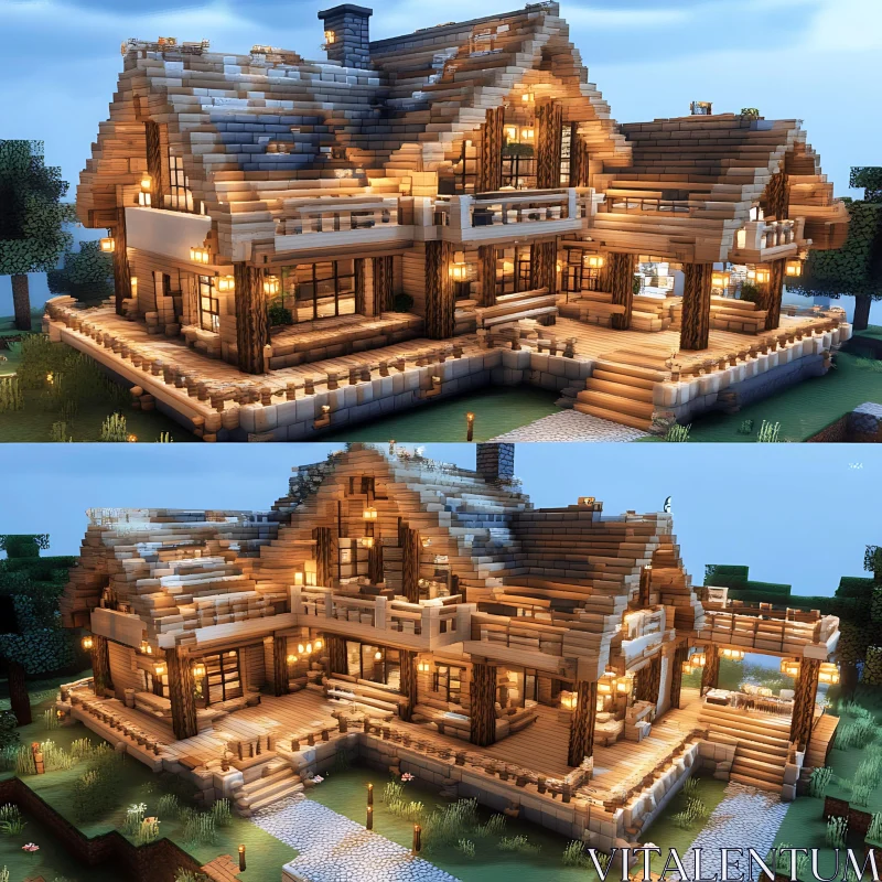 AI ART Pixelated Two-Story Minecraft Cabin