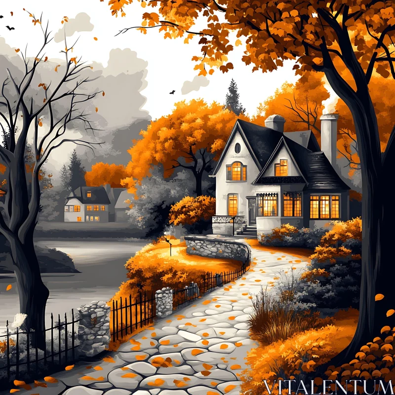 AI ART Picturesque Fall Scene with Serene Cottage