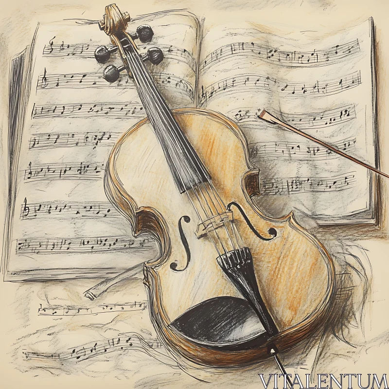 Violin Art Illustration on Sheet Music AI Image