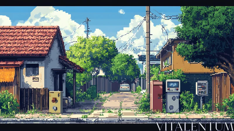 Quaint Pixel Art Street in a Lush Green Neighborhood AI Image