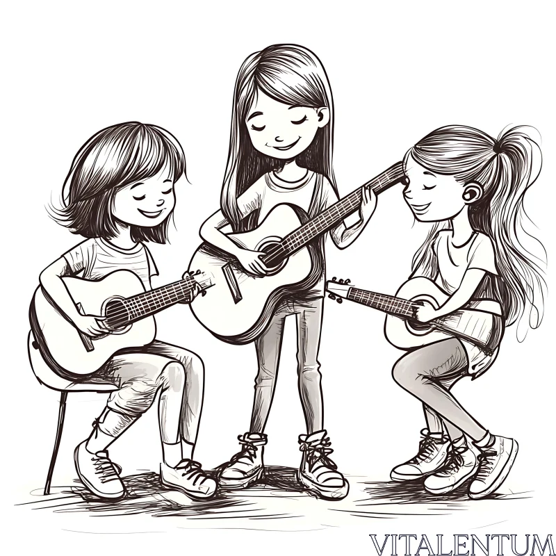 Happy Kids Strumming Guitars Illustration AI Image