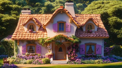 Fairy-Tale Cottage Nestled in Lush Flower Garden