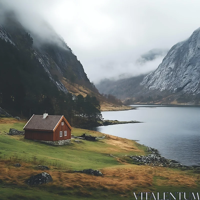 Serene Red Cabin Near Foggy Mountain Lake AI Image