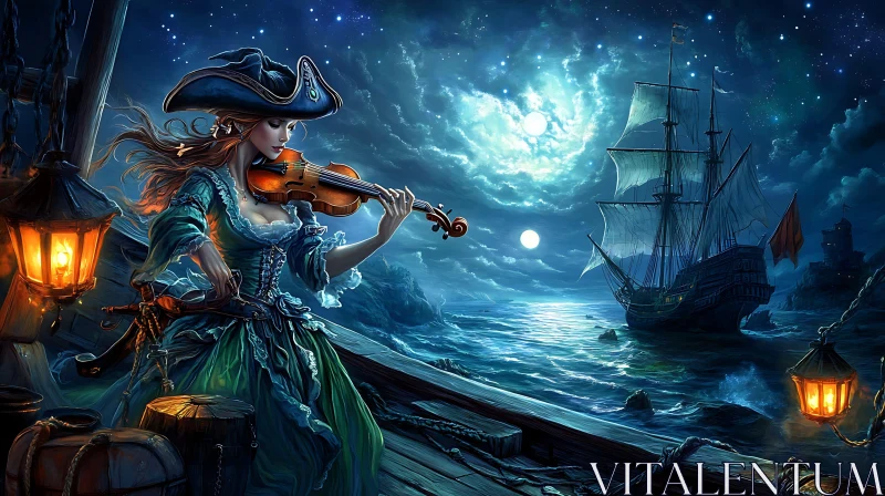 Pirate Violinist Under Moonlit Ocean Sky AI Image