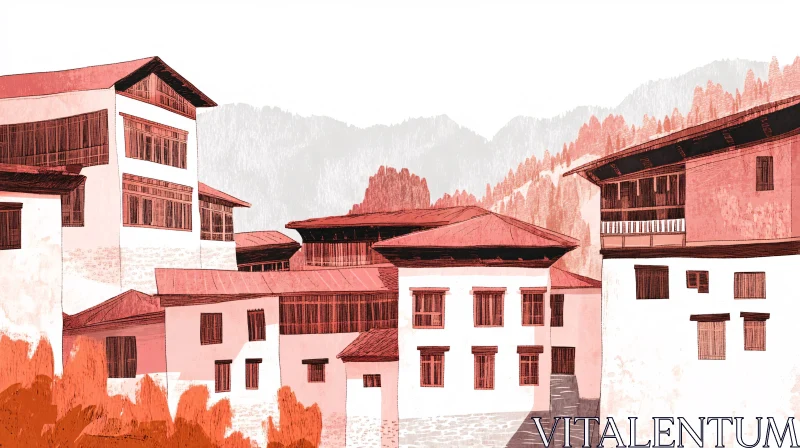 AI ART Scenic Abstract Architecture with Red Tones and Mountain View