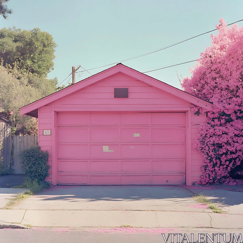 Suburban Pink Garage with Flowering Bush AI Image