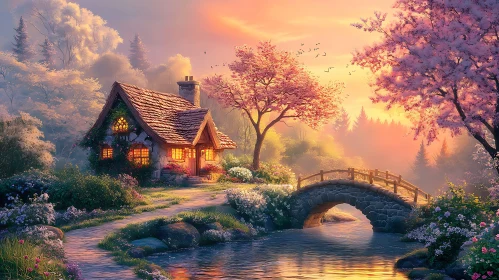 Serene Cottage and Stone Bridge at Sunset