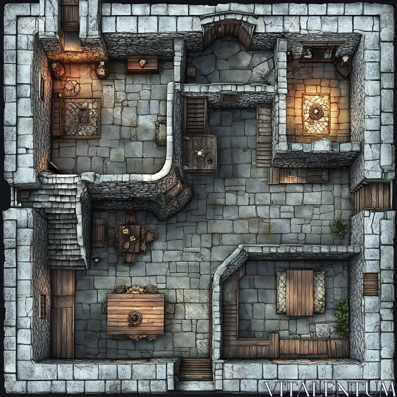 Top-Down Medieval Stone Building Interior Design AI Image