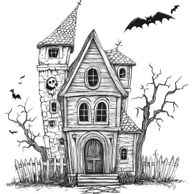 Eerie Haunted House with Bats in Black and White