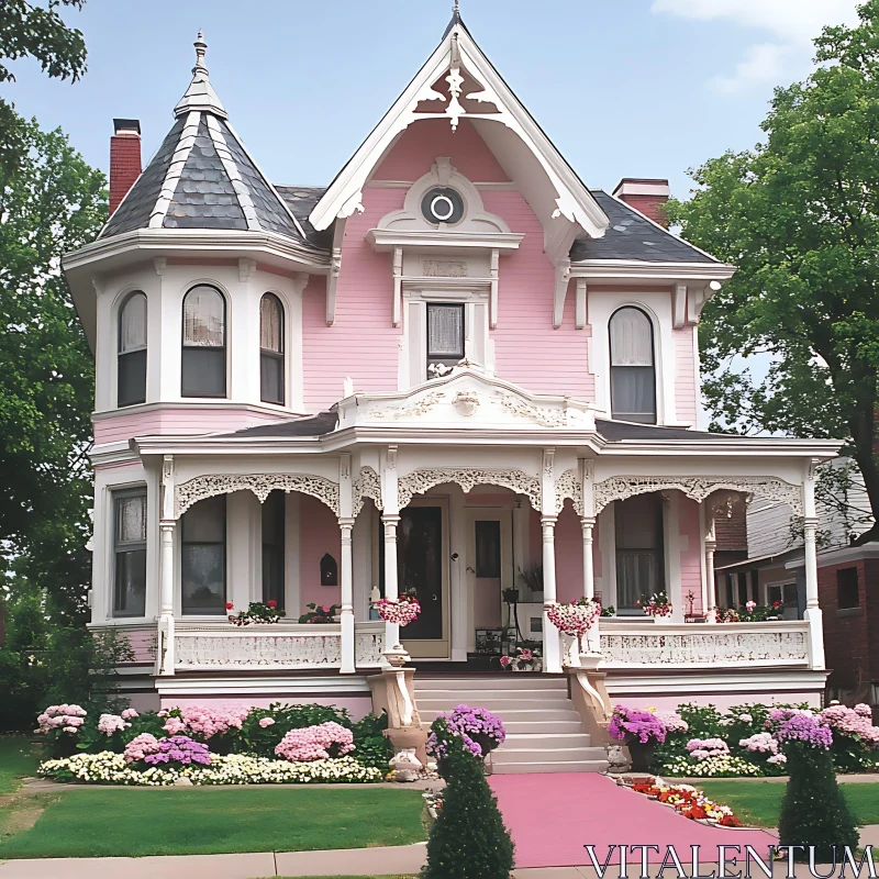 AI ART Ornate Pink Victorian House with Lush Garden