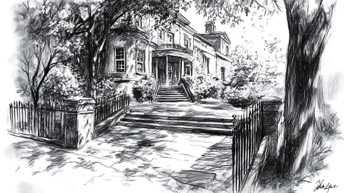 Historic Building Sketch with Grand Entrance and Garden