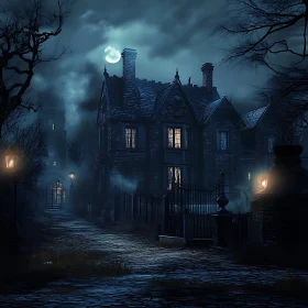 Eerie House with Fog and Moonlight