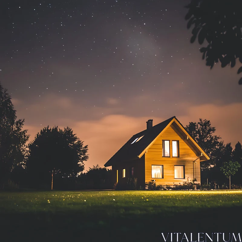 Tranquil Nighttime Scene with Lighted House AI Image