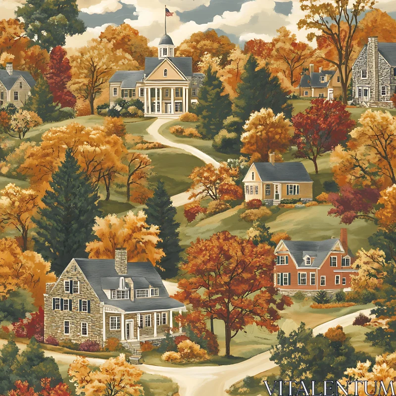 Picturesque Autumn Village with Cozy Houses AI Image