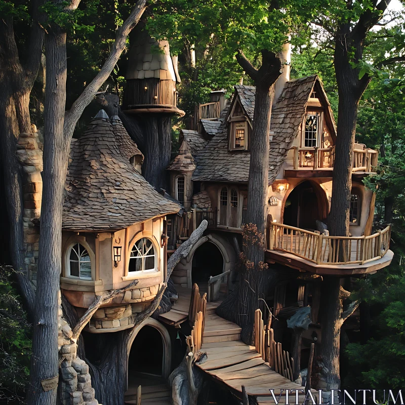 Whimsical Wooden Treehouse Hideaway AI Image