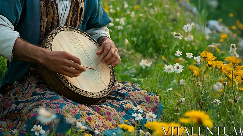 Hand-Played Drum Among Wildflowers AI Image