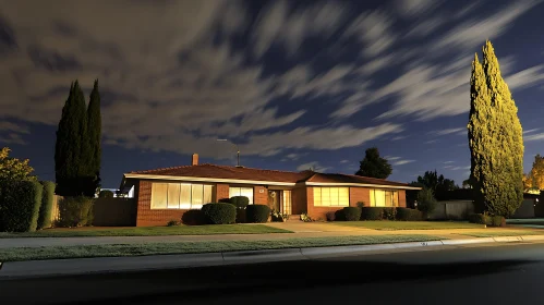 Nighttime Suburban Home with Cypress Trees