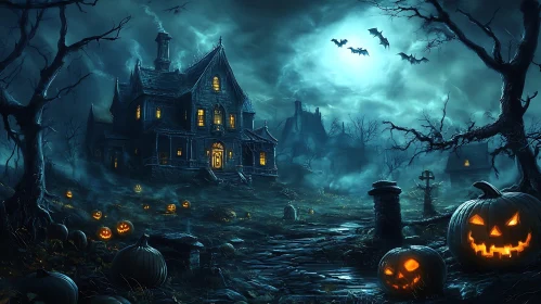 Eerie Haunted House with Jack-o'-Lanterns