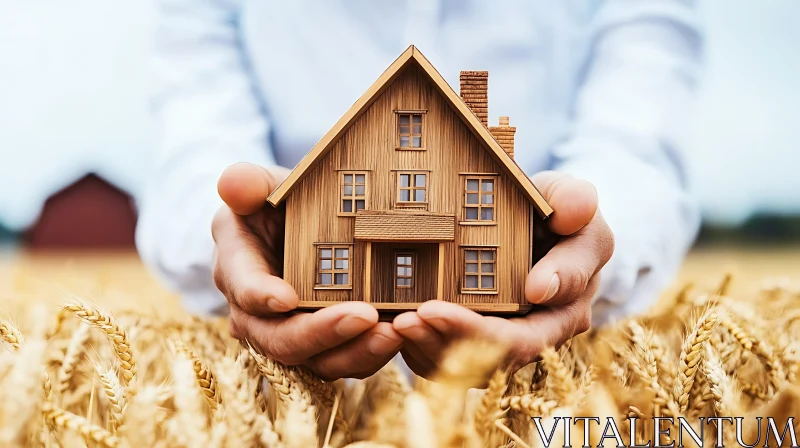 Hands Holding Wooden Miniature House in Wheat Field AI Image