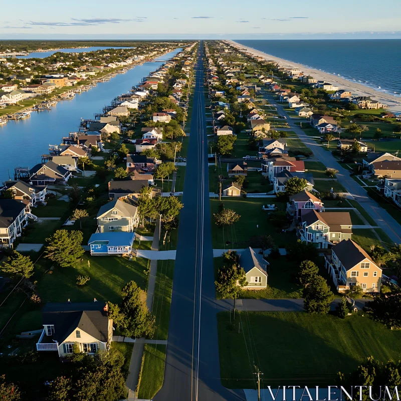 Symmetrical Coastal Suburb from Above AI Image