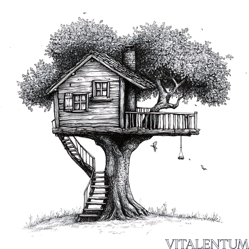 Black-and-White Detailed Drawing of a Treehouse AI Image