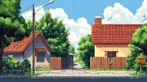 Pixel Art Street Scene with Cozy Houses and Flowers