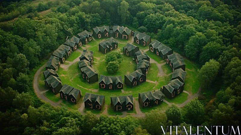 Unique Circular Village with Wooden Houses in Forest
