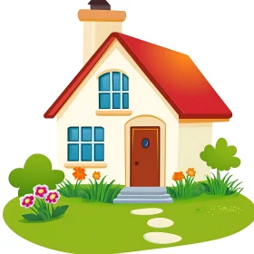 Idyllic Cartoon House with Red Roof and Garden