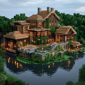 Tranquil Minecraft-Style Wooden House by the Lake
