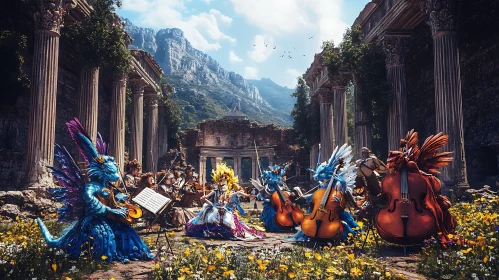 Mythical Creatures Performing in Ancient Ruins