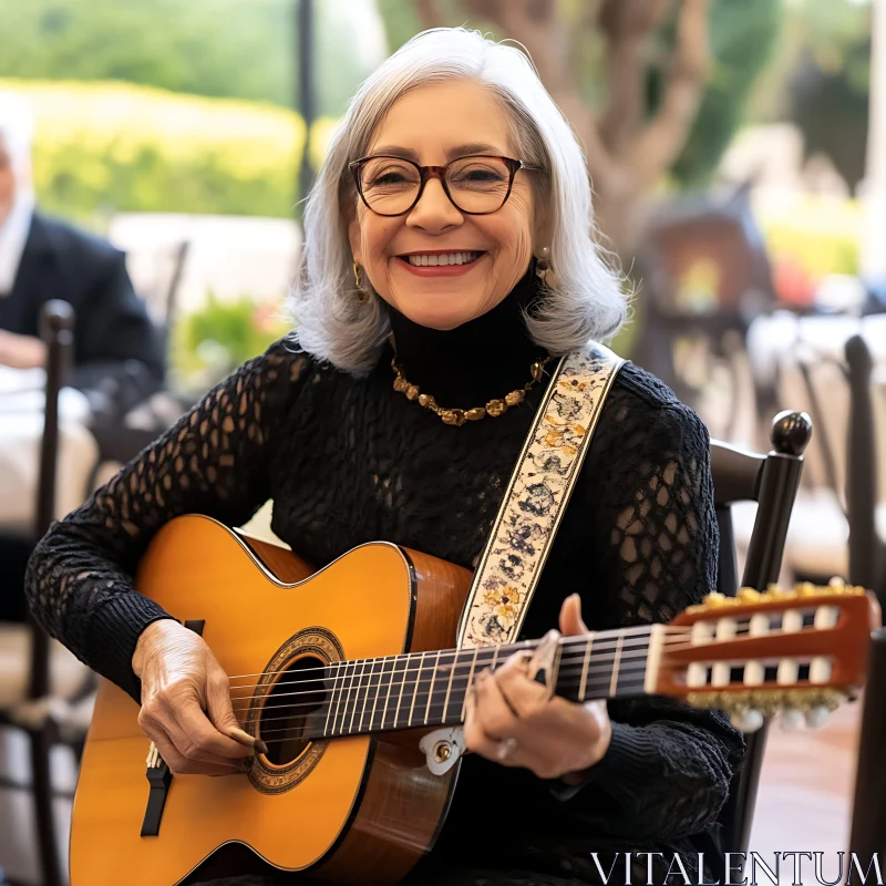 AI ART Senior Woman Strumming Guitar in Garden