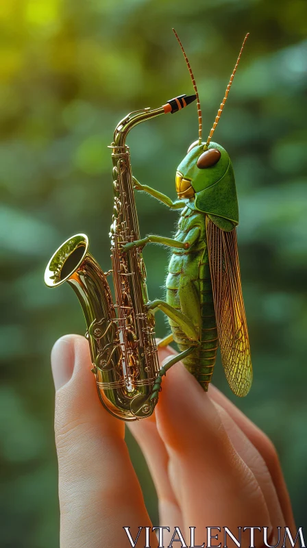 A Grasshopper Playing a Golden Saxophone AI Image