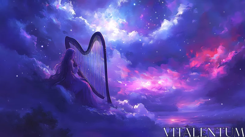 Mystical Cloud Harpist Under Starry Sky AI Image