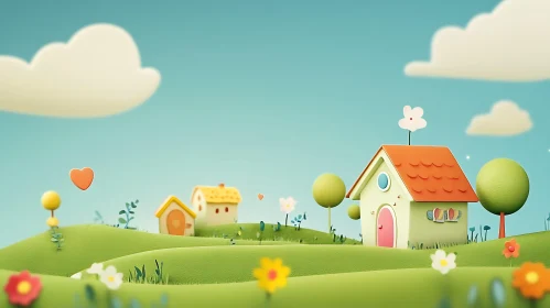 Playful Cartoon Landscape with Green Hills