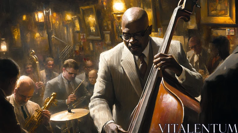 Jazz Musician Playing Double Bass in a Cozy Band Setting AI Image