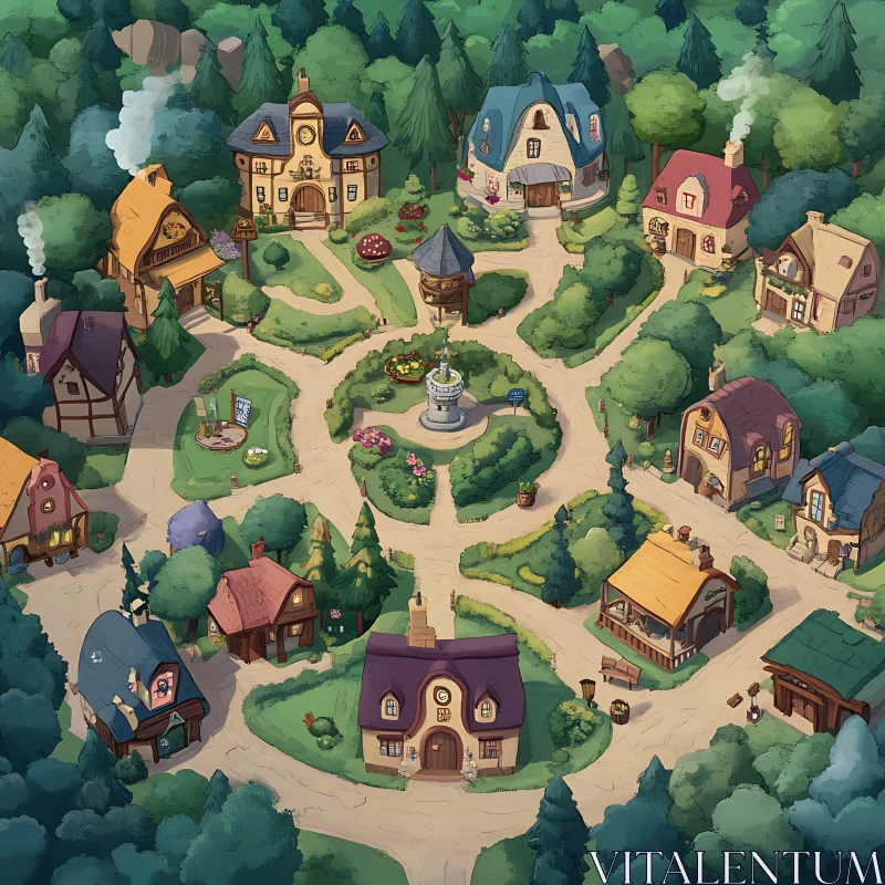 Charming Forest Village Illustration AI Image